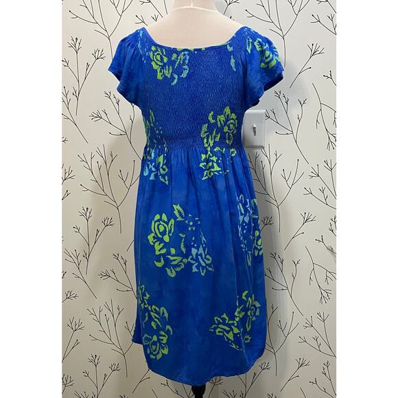 GO FISH Blue Green Tie Dye Batik Hawaiian Smocked Flutter Sleeve Dress SMALL - Picture 4 of 6
